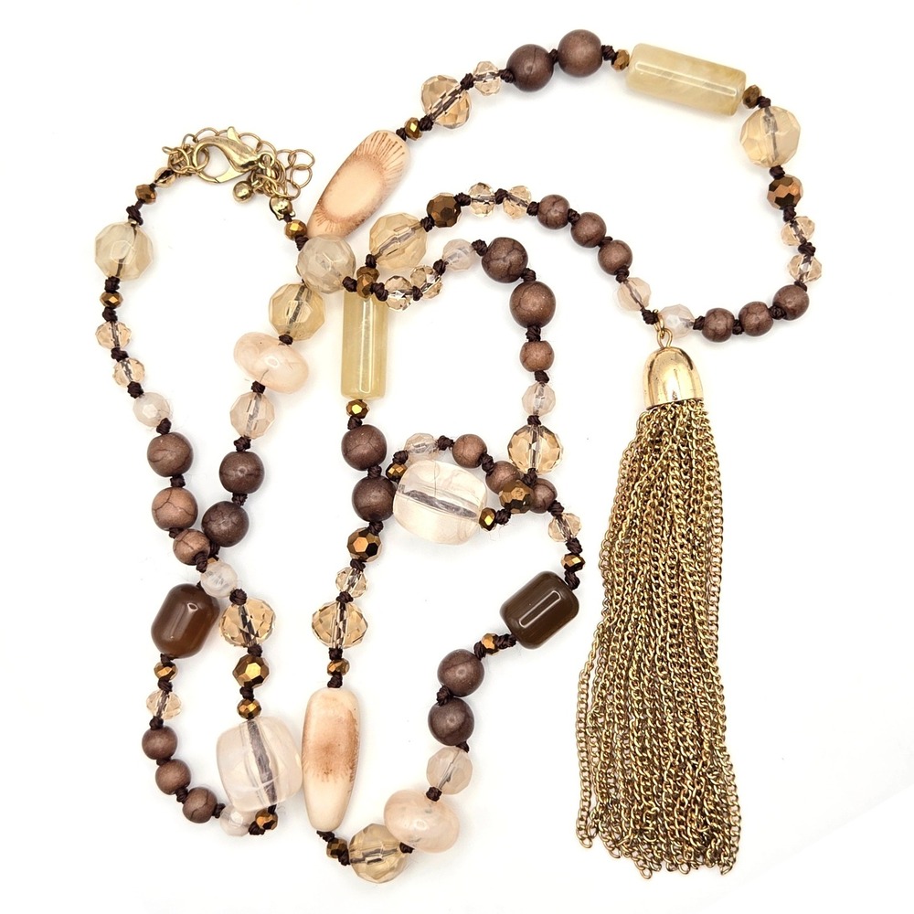 Boho Beaded Tassel Necklace Earthy Mixed‎ Media Hand Knotted Gold Tone Chain